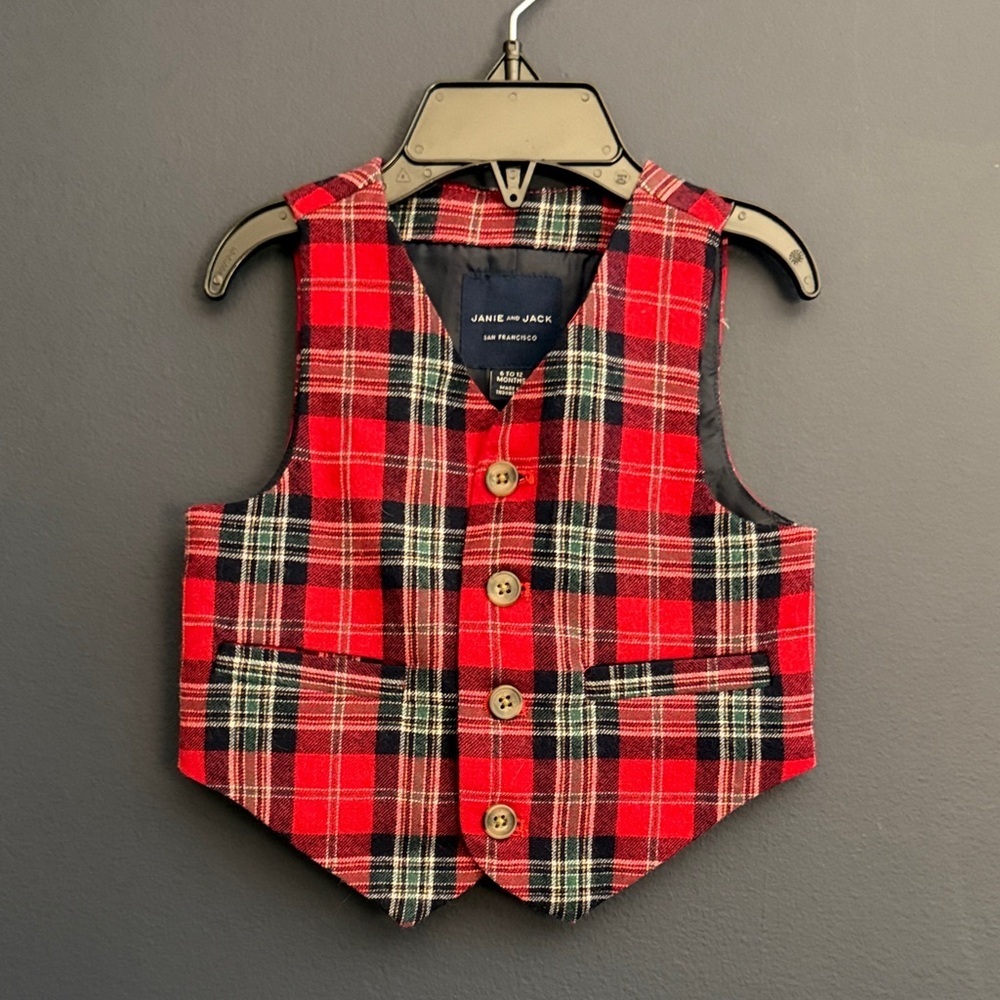 Janie and Jack Plaid Vest Holiday Red Tartan Toddler 6–12 Months. Like new!